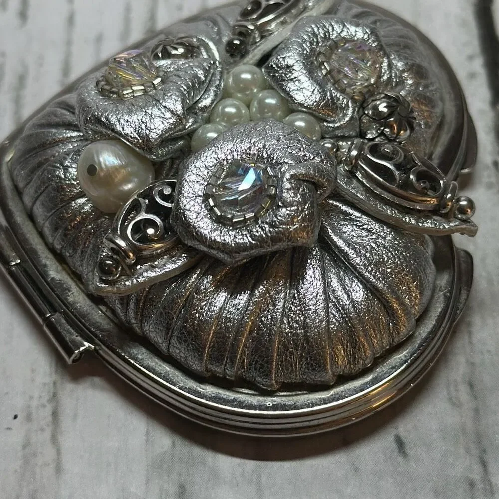 Brighton Compact Mirror Silver Heart with Flowers Beaded Faux‎ Pearls